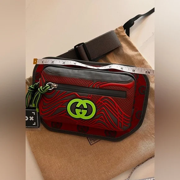 Gucci Red and Gray Crossbody Bag with Neon Green Accents - Picture 13 of 15